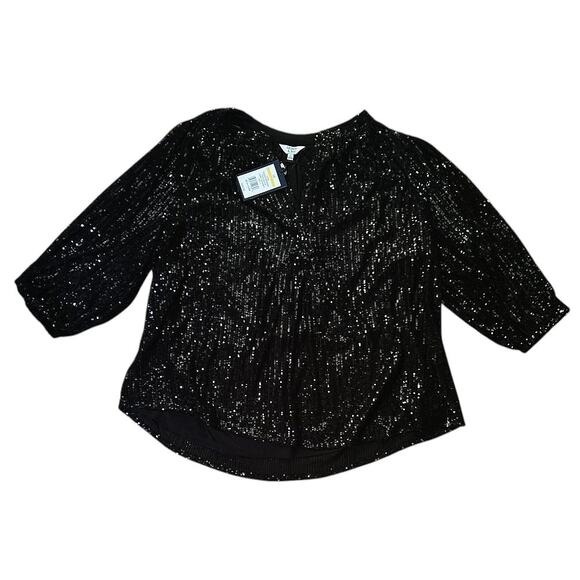crown & ivy Tops - Crown & Ivy Icon Black Sequin 3/4 Sleeve Stretch Peasant Top - 1X